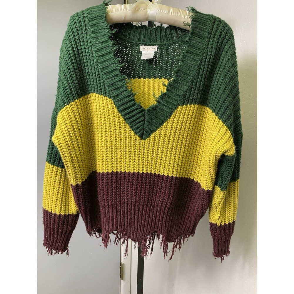 Main Strip Green Yellow Brown Colorblock Knit V-Neck Fringe Pullover Sweater M